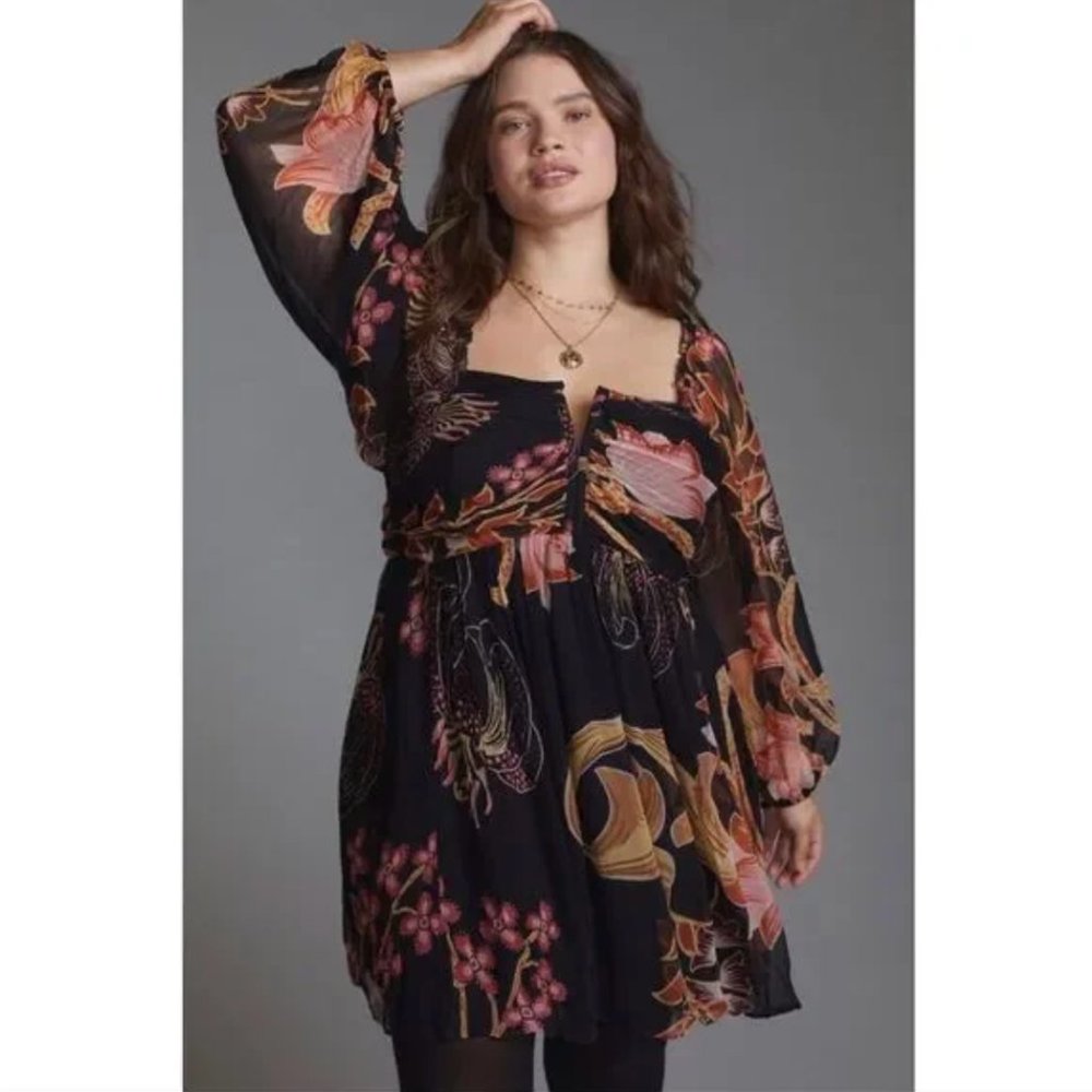 Anthropologie Let Me Be Puff Sleeved Floral Tiered Babydoll Mini Dress Plus 1X